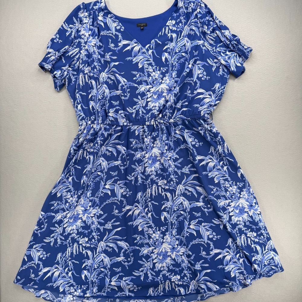 Talbots 22W Fit & Flare Dress Women Blue Etched Toile Floral Smocked V Neck